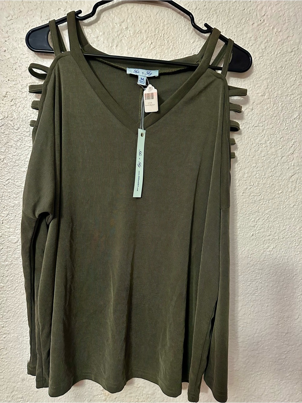 She + Sky Olive Green Cold-Shoulder V-Neck Long Sleeve Top